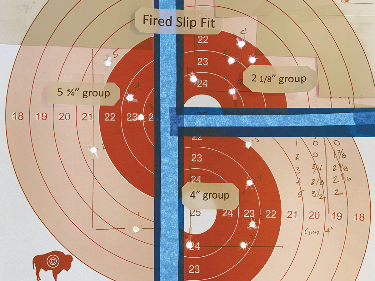 The fired slip fit groups were impressive at times, a 21⁄8-inch group, but disappointing as demonstrated by the vertical stringing, 4 and 5-inch groups.